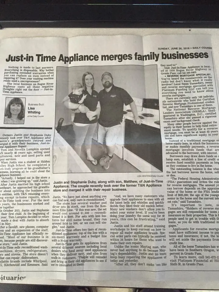 Daily Courier June 2016 article about Just-in Time Appliance merging family businesses