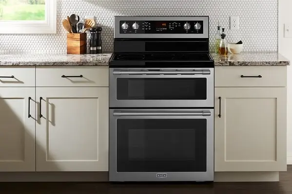 Maytag double oven electric range in a modern kitchen