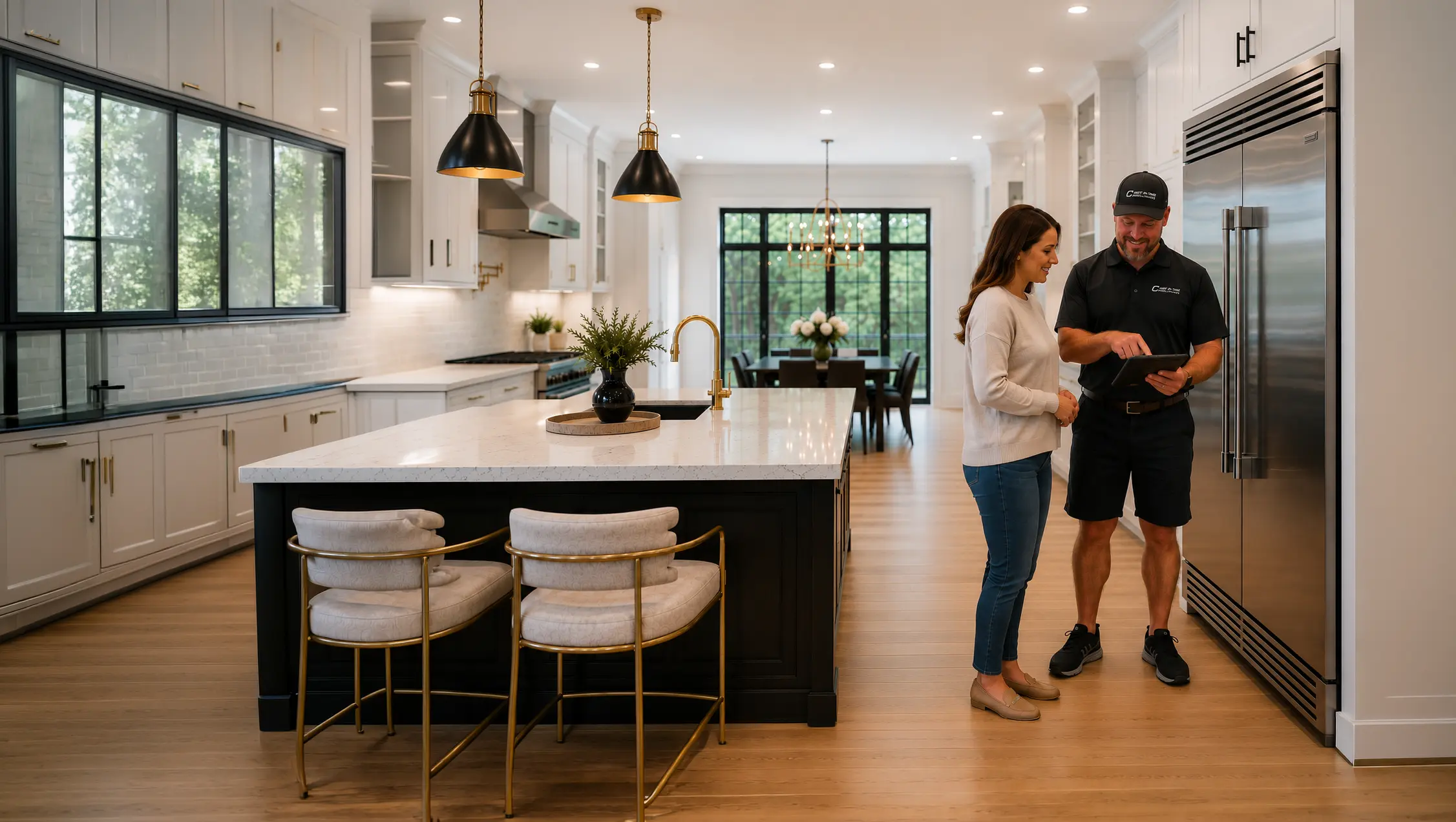Just-in Time Appliance Repair technician consulting with homeowner in kitchen